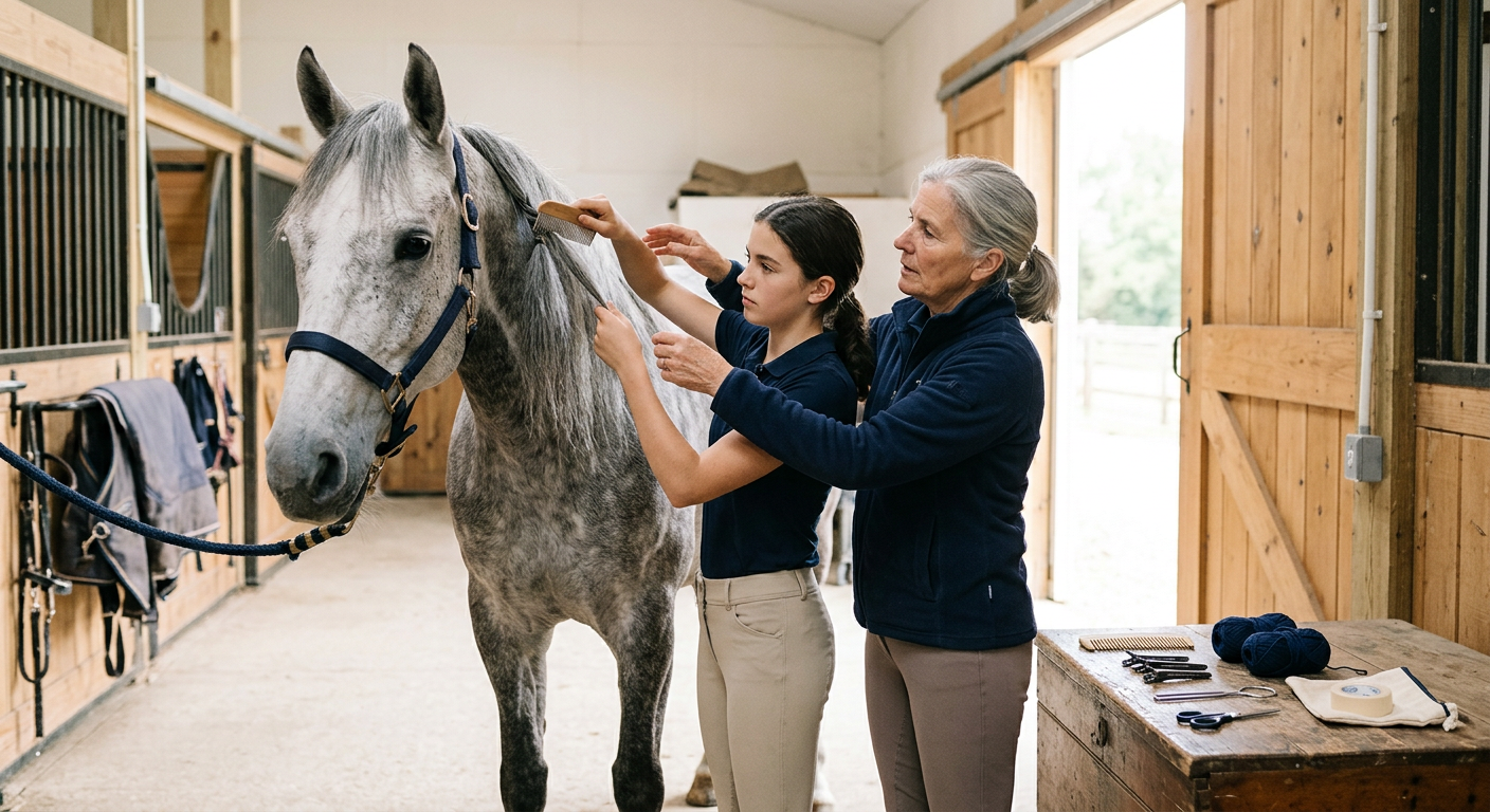 A PEBA instructor guiding a student as she sections a gray horse's mane