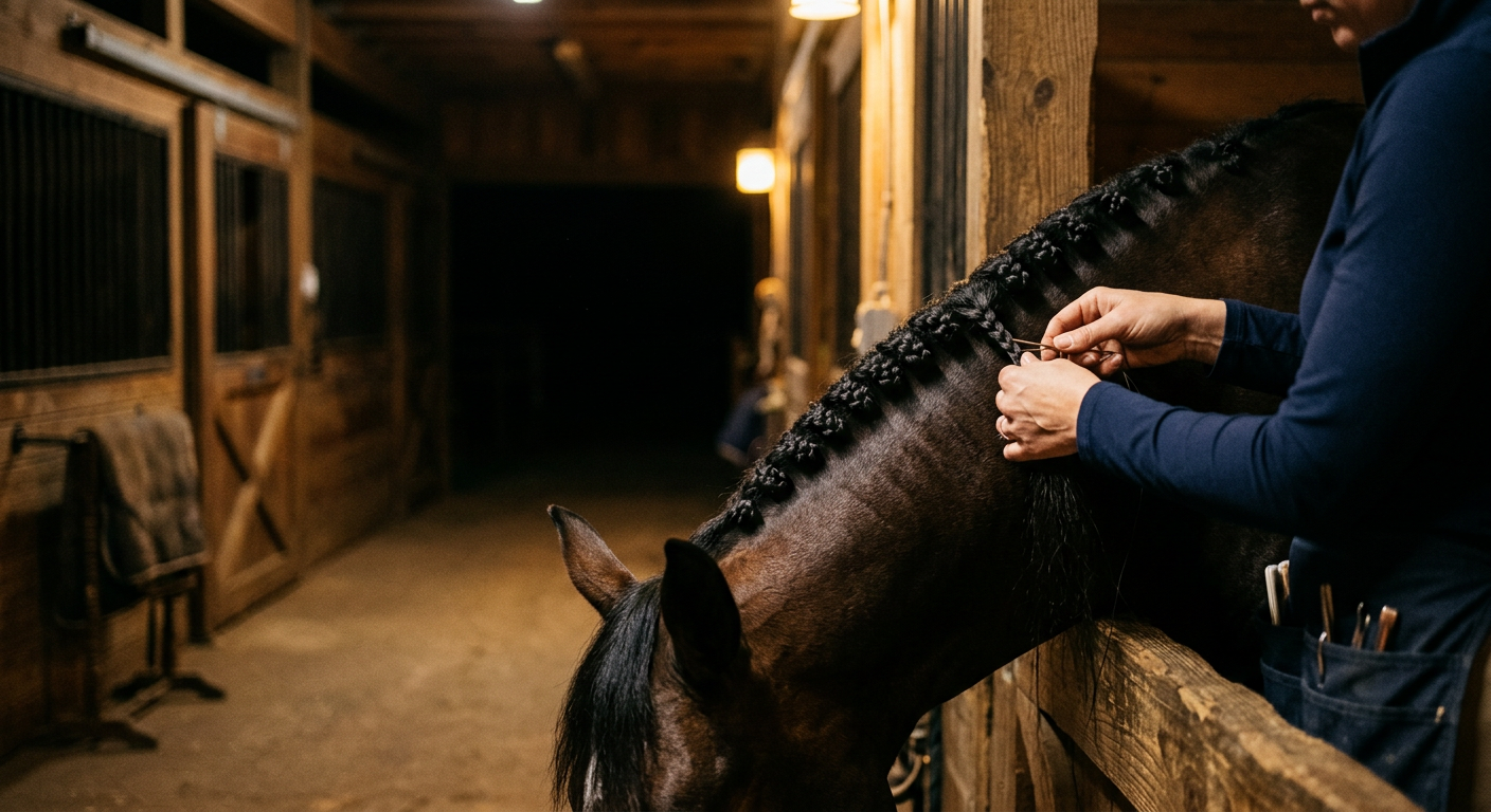 A PEBA braider finishing a row of hunter braids on a bay show horse in a barn at night
