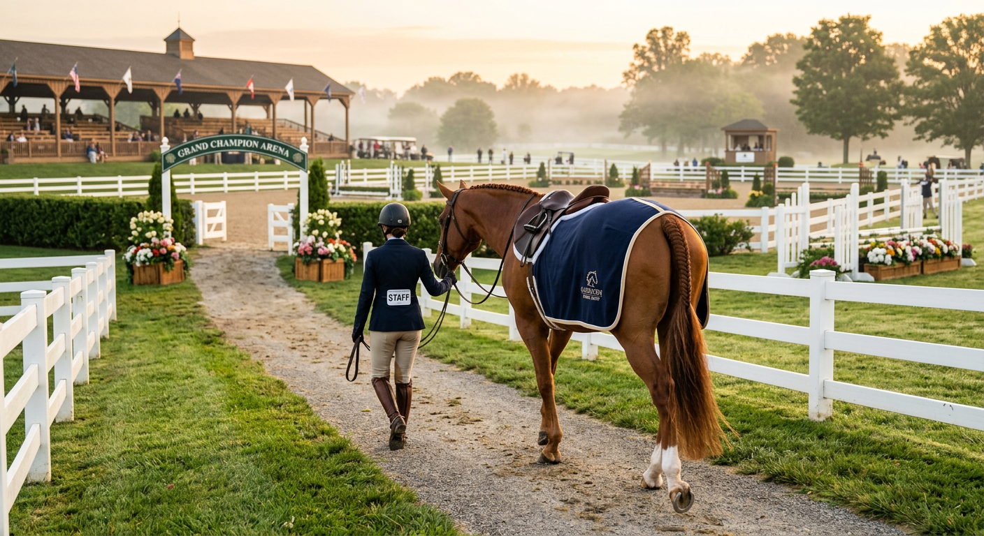A braided chestnut show hunter walking toward the show ring at sunrise